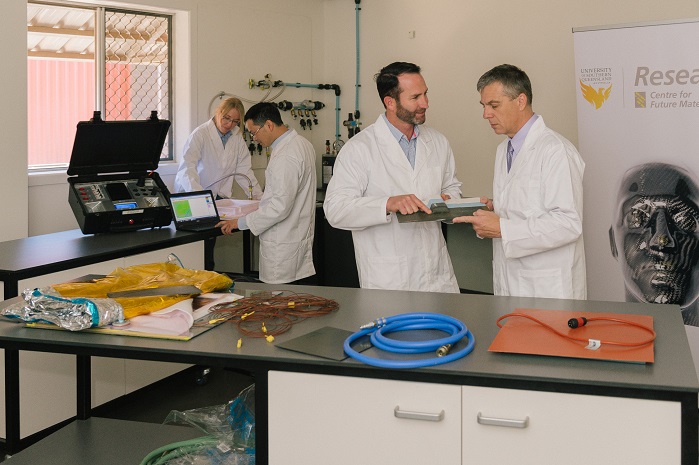 USQ researchers (from left) Daria Bontch-Osmolovskaia, Dr Xuesen Zeng and Professor Peter Schubel with Dr Paul Callus from DST. © USQ